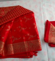 প্রিমিয়াম জাপানি সিল্ক শাড়ী এবং ব্লাউজ পাতা ডিজাইন (লাল)